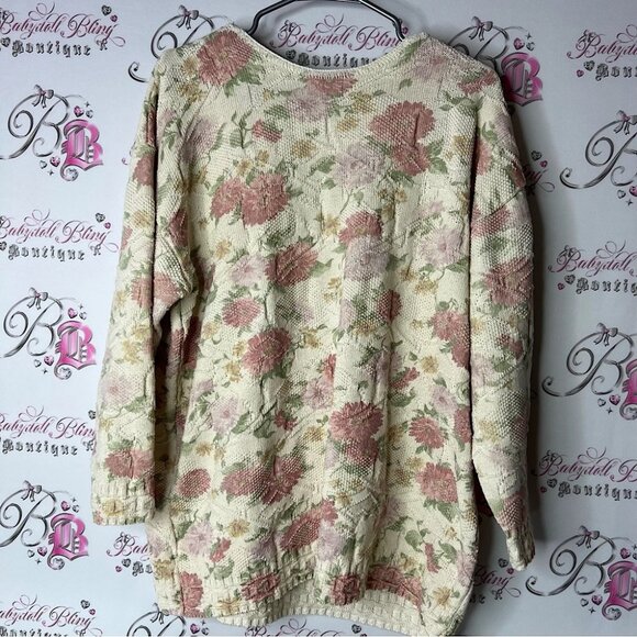 Encore tricot pull over warm Floral Knit Crew Neck Sweater - Cream and Pink - Picture 1 of 6